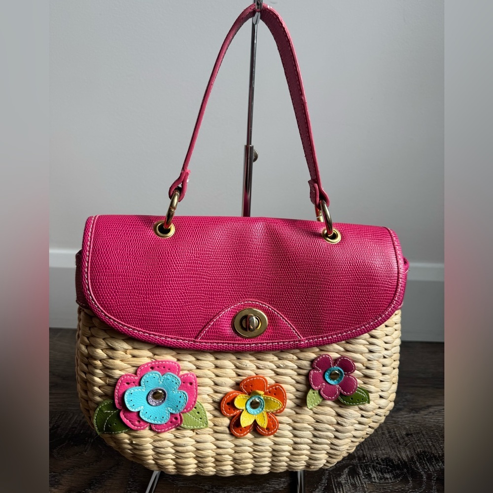 Pink and Blue Basket Bag with Floral Appliques